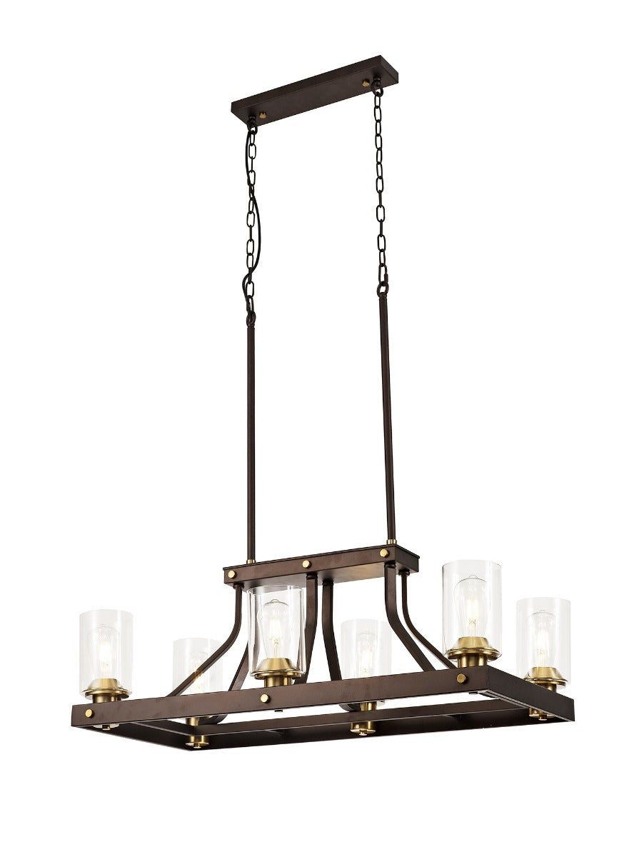 Regent Versailles Linear 6 Light Pendant Light in Brown Oxide Bronze with Clear Glass Shades