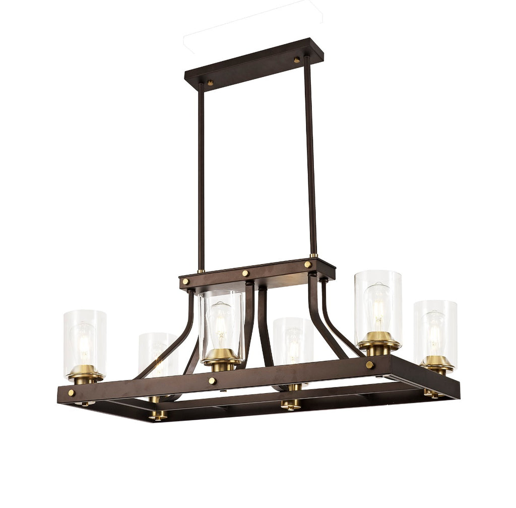 Regent Versailles Linear 6 Light Pendant Light in Brown Oxide Bronze with Clear Glass Shades