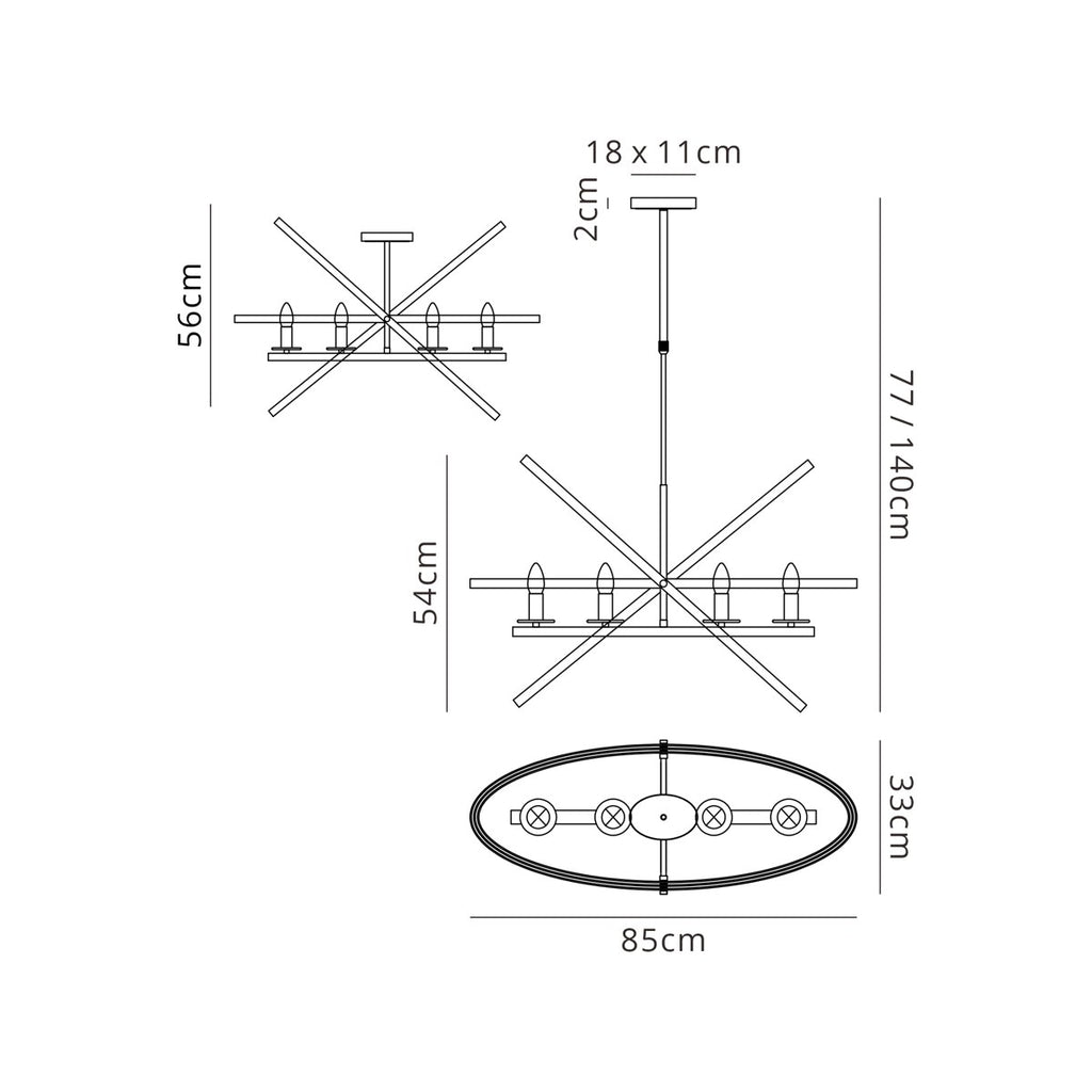 Regent Reims 4 Light Adjustable Rings Pendant 850mm - dimensions
