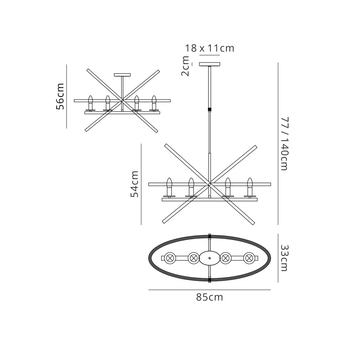 Regent Reims 4 Light Adjustable Rings Pendant 850mm - dimensions