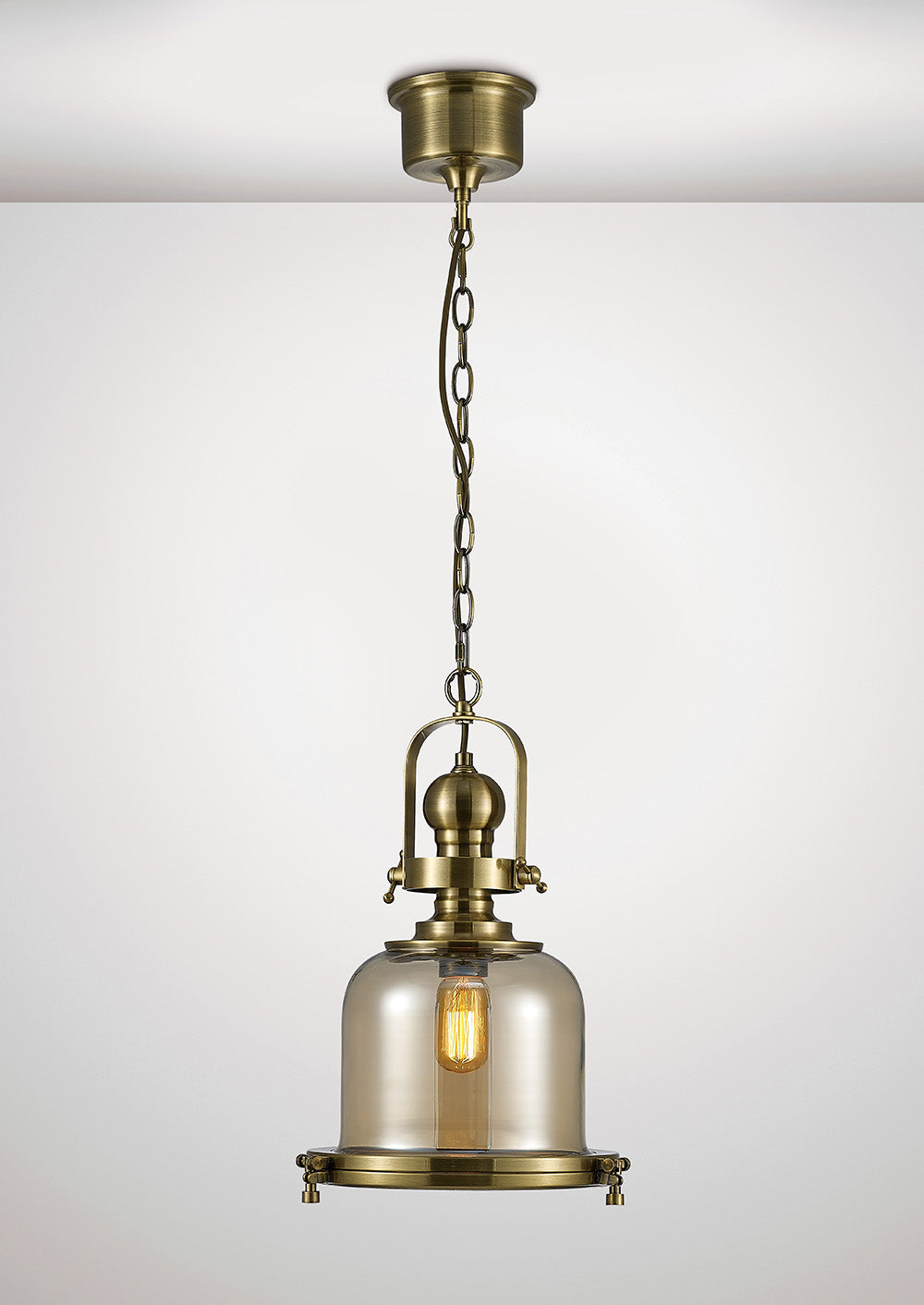Diyas Riley Small Bell Pendant Light in Antique Brass with Cognac Glass