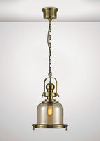 Diyas Riley Small Bell Pendant Light in Antique Brass with Cognac Glass