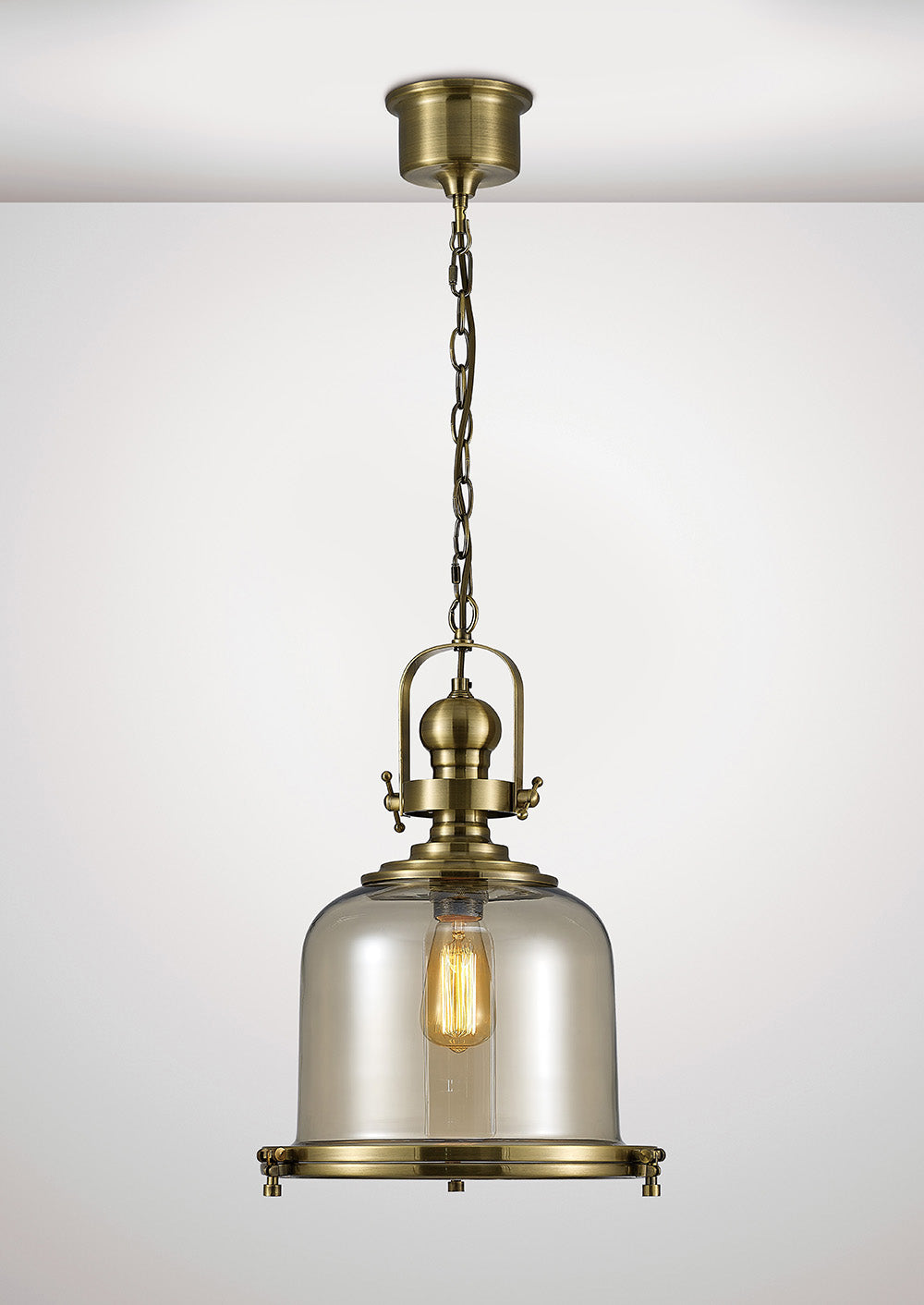 Diyas Riley Medium Bell Pendant Light in Antique Brass with Cognac Glass