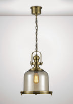 Diyas Riley Medium Bell Pendant Light in Antique Brass with Cognac Glass