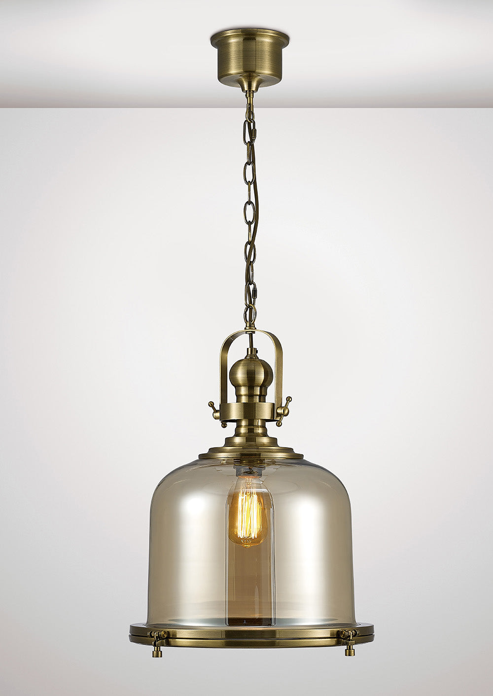 Diyas Riley Large Bell Pendant Light in Antique Brass with Cognac Glass