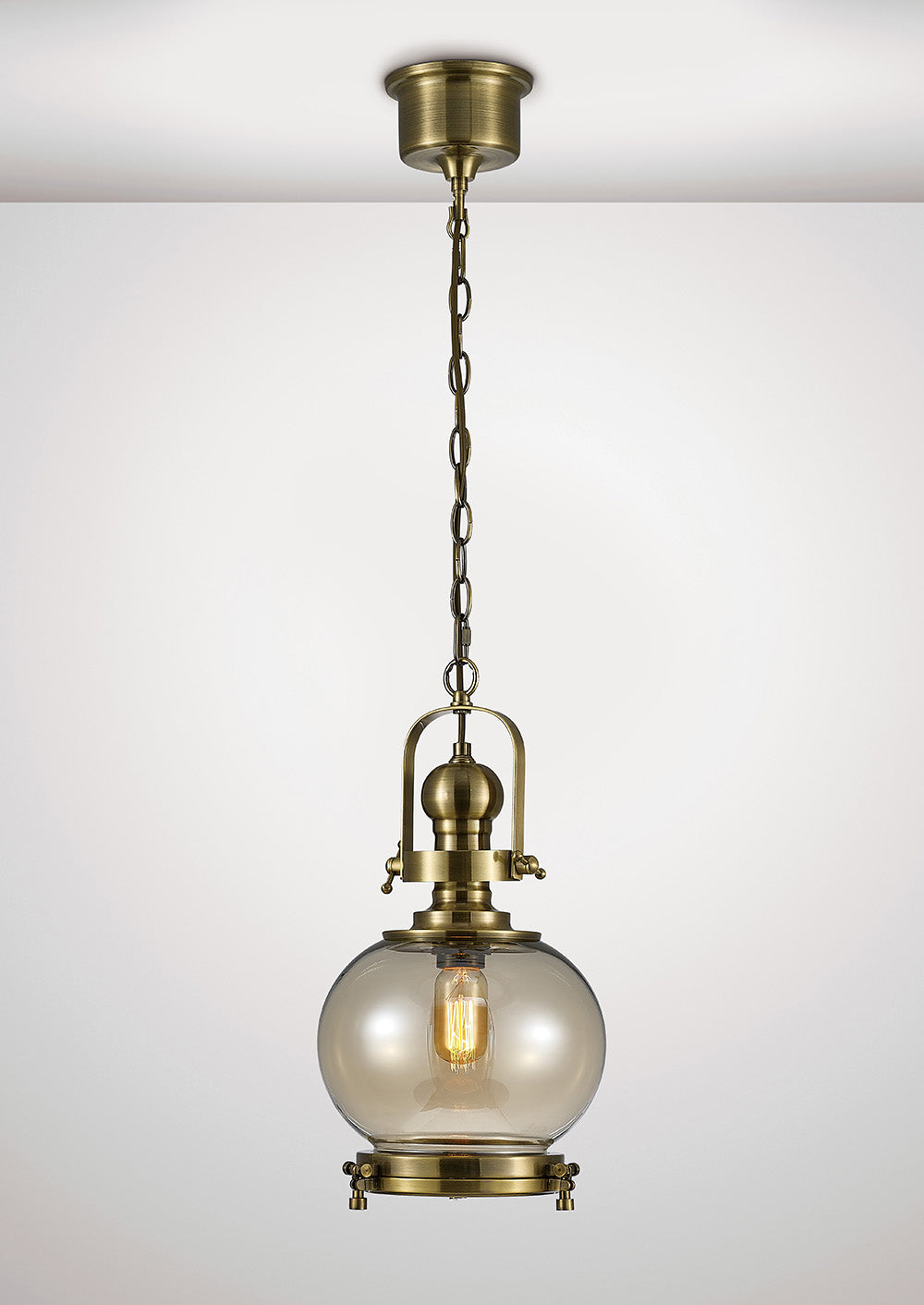 Diyas Riley Small Ball Pendant Light in Antique Brass with Cognac Glass