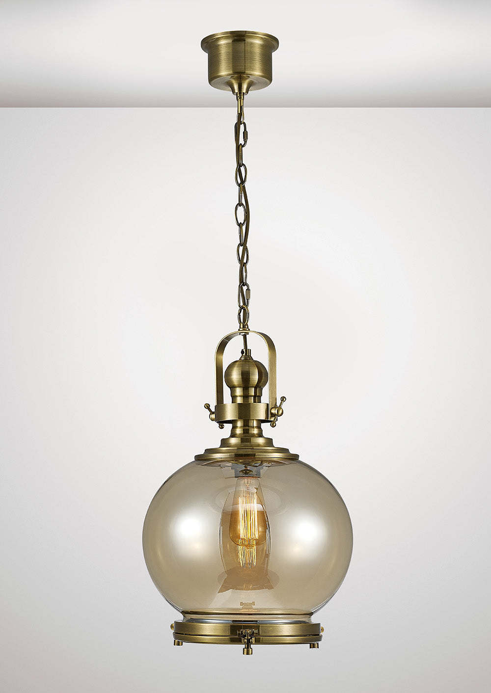 Diyas Riley Medium Ball Pendant Light in Antique Brass with Cognac Glass