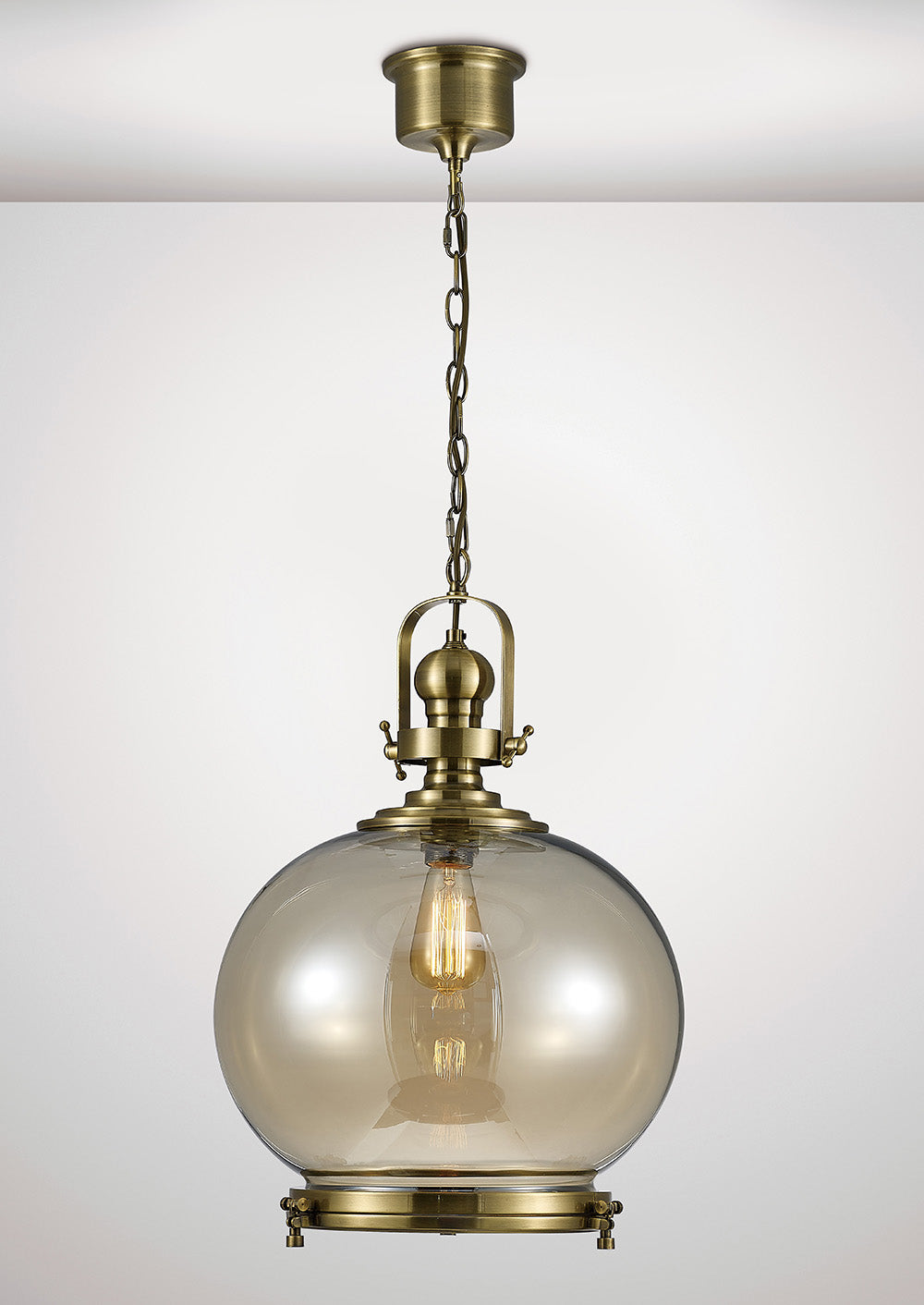Diyas Riley Large Ball Pendant Light in Antique Brass with Cognac Glass