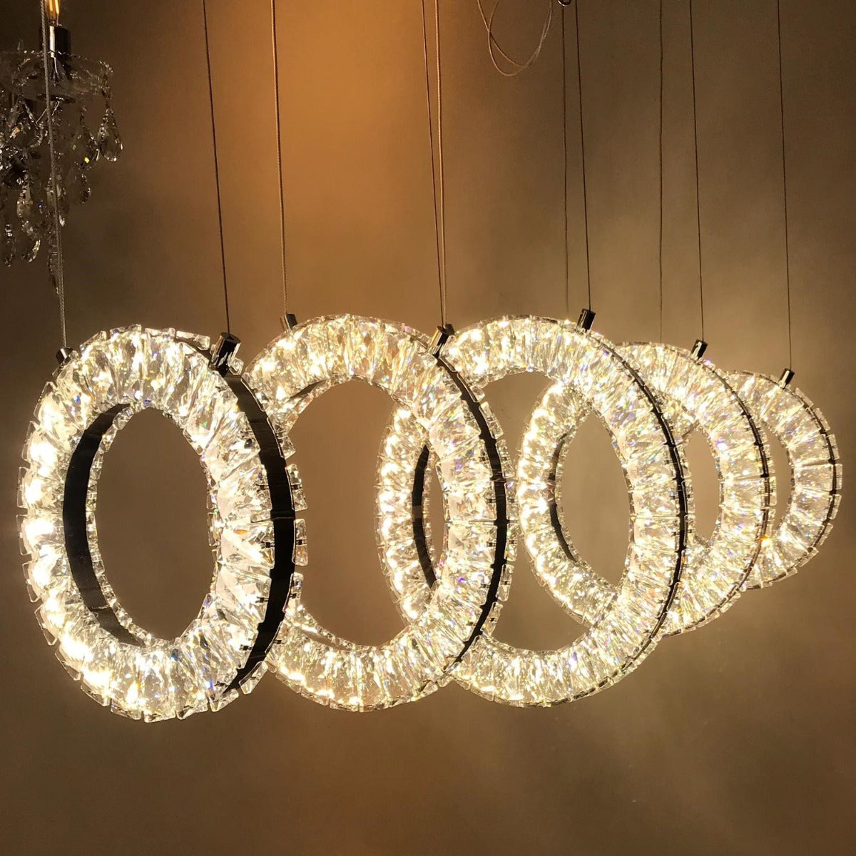KES Olympic 500/9 LED Modern Crystal 5 Ring Ceiling Pendant Chrome Dimmable