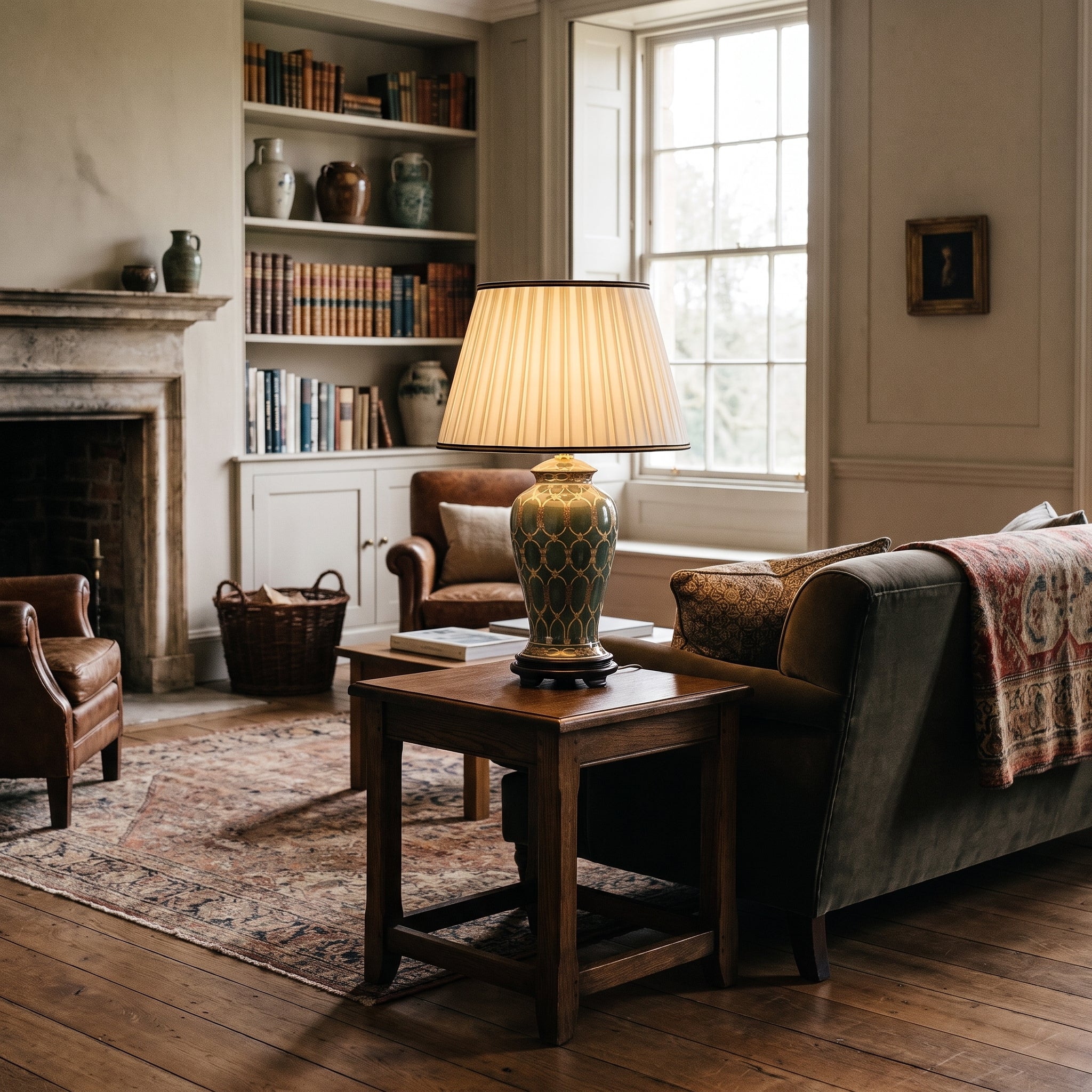 Cozy, traditional living room featuring a decorative table lamp, leather armchairs, a fireplace, and built-in bookshelves.