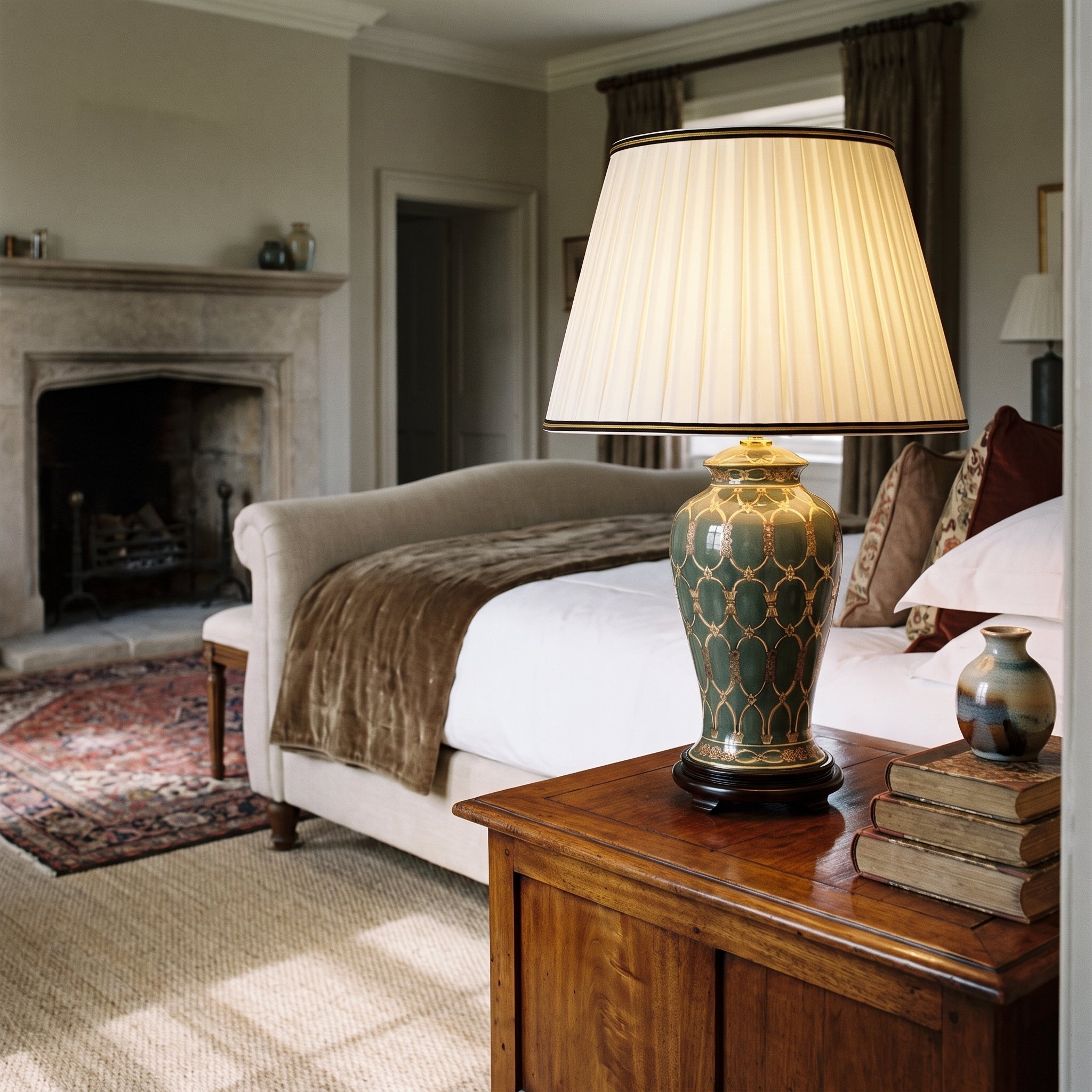 Elegant bedroom with a classic green ceramic table lamp, wooden nightstand, and a cozy fireplace in a traditional home.