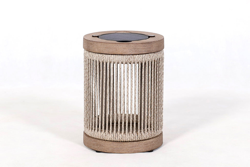 Rop and Strip 200lm Solar Table Lamp - Teak Duratek, Muscade Aluminium and Beige Woven Rope