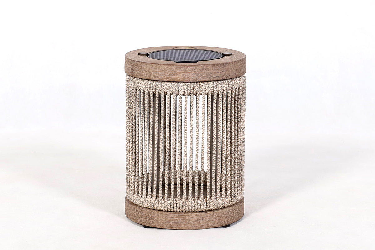 Rop and Strip 200lm Solar Table Lamp - Teak Duratek, Muscade Aluminium and Beige Woven Rope