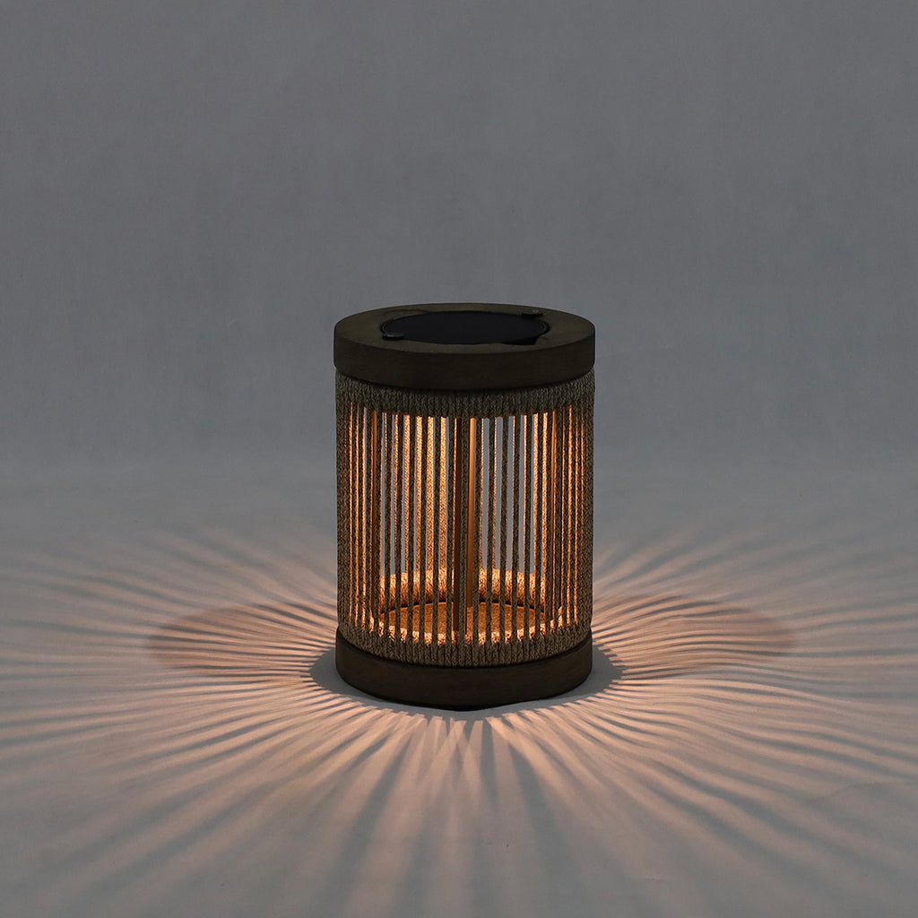 Rop and Strip 200lm Solar Table Lamp - Teak Duratek, Muscade Aluminium and Beige Woven Rope