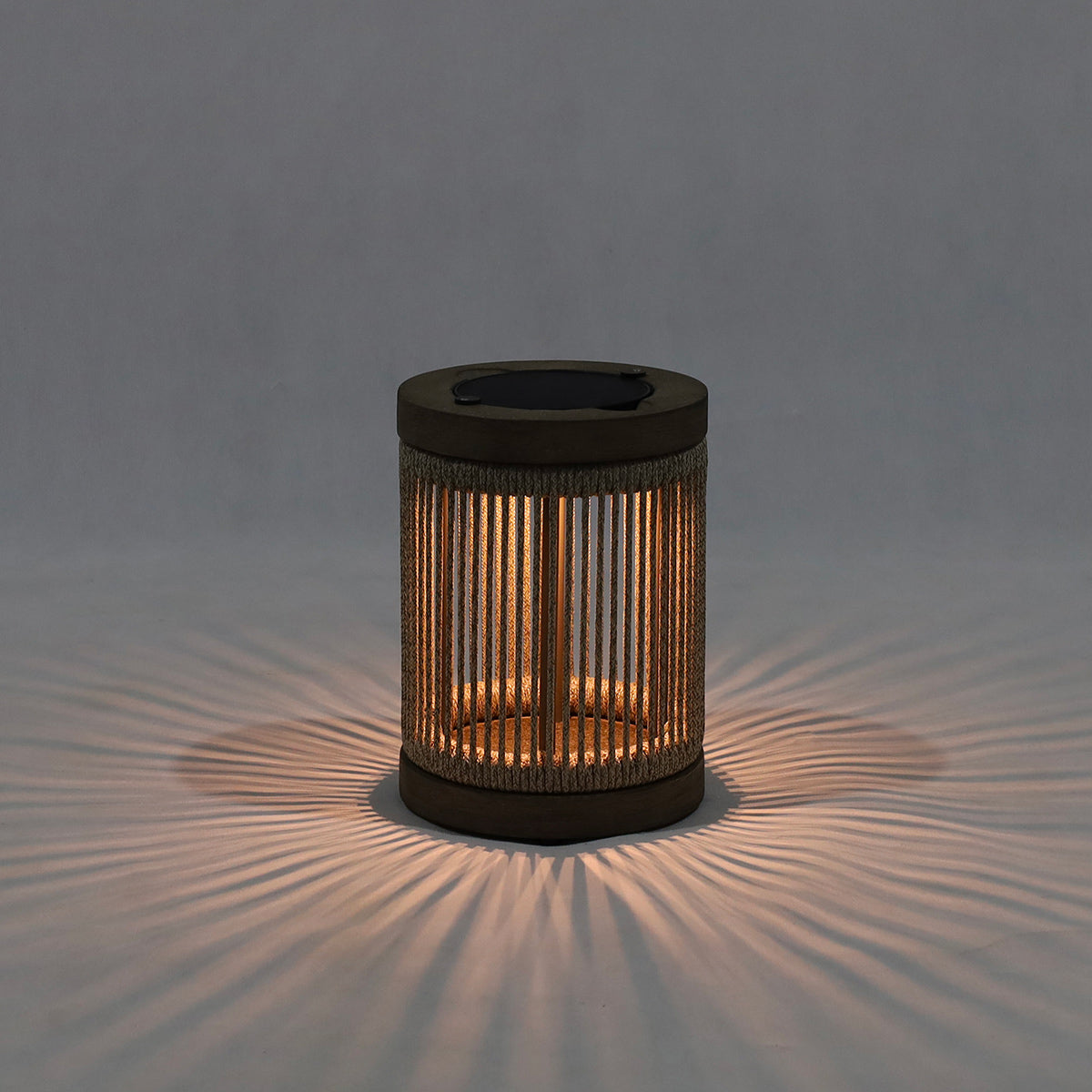 Rop and Strip 200lm Solar Table Lamp - Teak Duratek, Muscade Aluminium and Beige Woven Rope