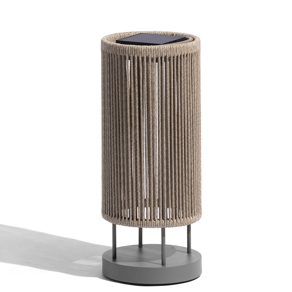 Rop and Strip 500lm Solar Lantern 58 cm - Teak Duratek, Muscade Aluminium and Beige Woven Rope with Granite Base