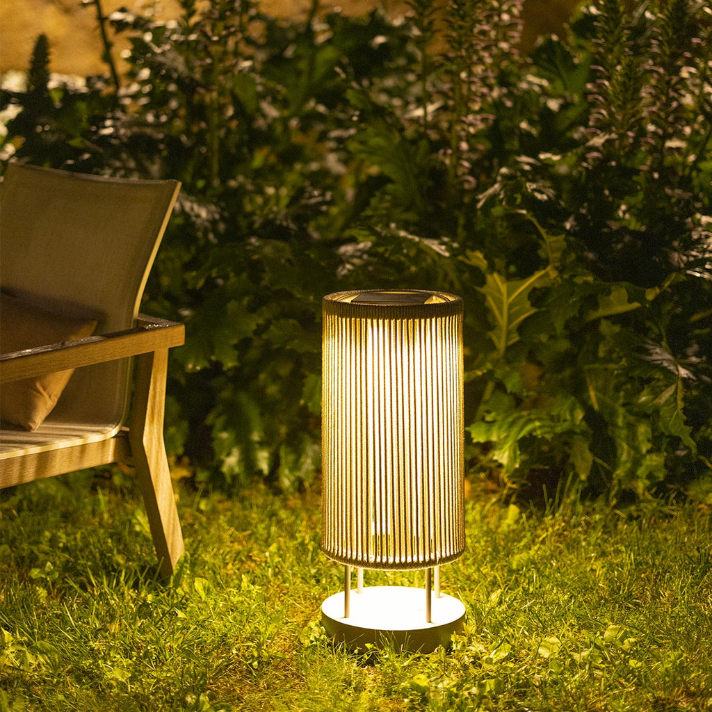 Rop and Strip 500lm Solar Lantern 58 cm - Teak Duratek, Muscade Aluminium and Beige Woven Rope with Granite Base