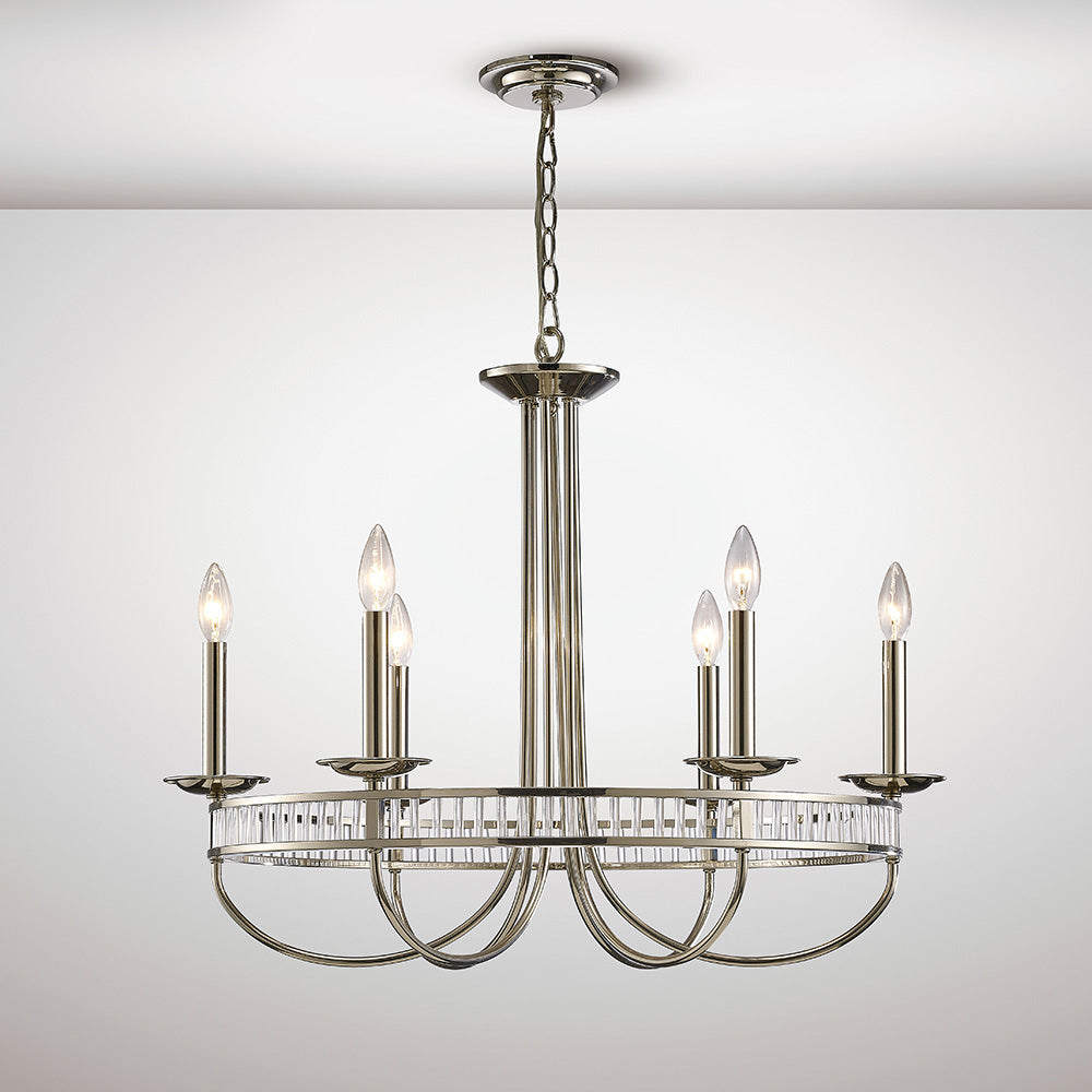 Diyas Saskia 6 Light Round Pendant Light in Polished Nickel with Crystal