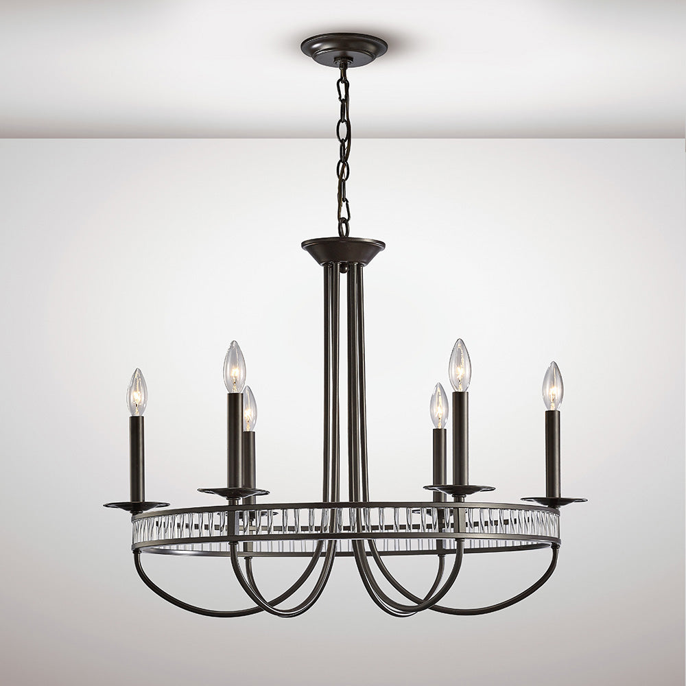 Diyas Saskia 6 Light Round Pendant Light in Aged Bronze with Crystal
