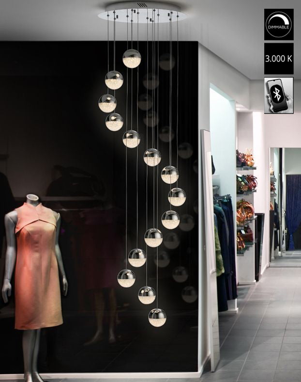 Schuller Sphere 14 Light Spiral Pendant Light in Chrome with Bluetooth Control