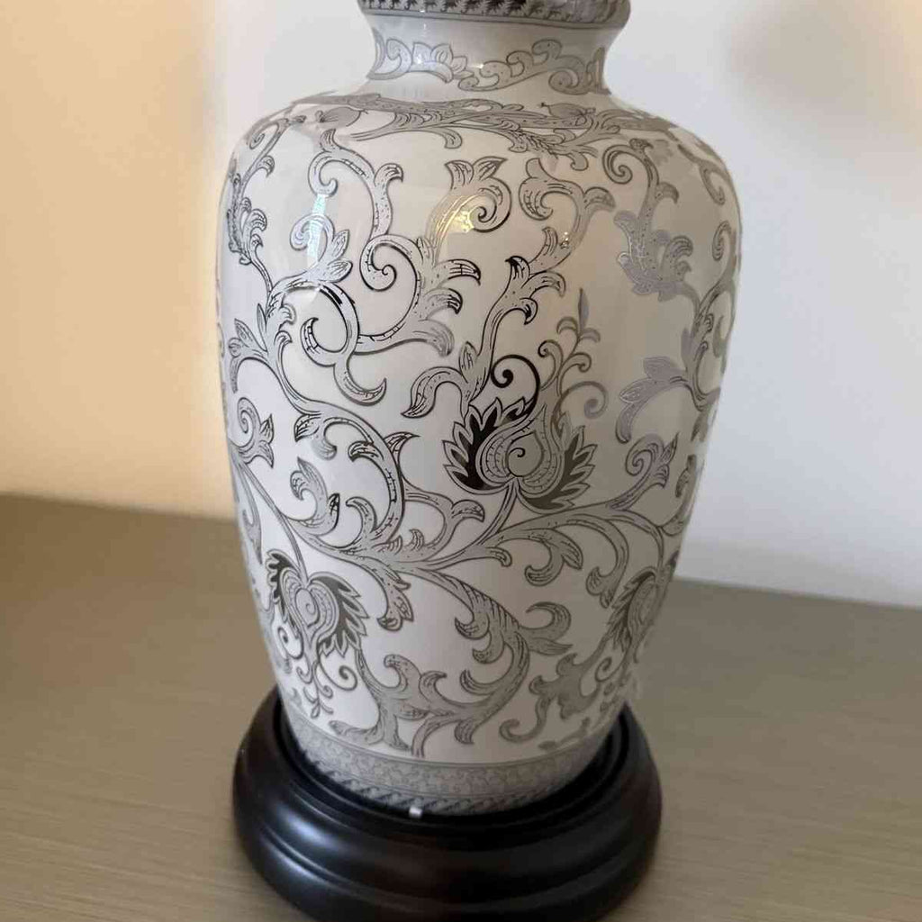 Elstead Silver Thistle Table Lamp white crackle glaze with Silver floral pattern
