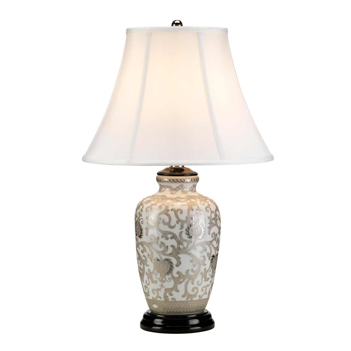 Elstead Silver Thistle Table Lamp white crackle glaze with Silver floral pattern
