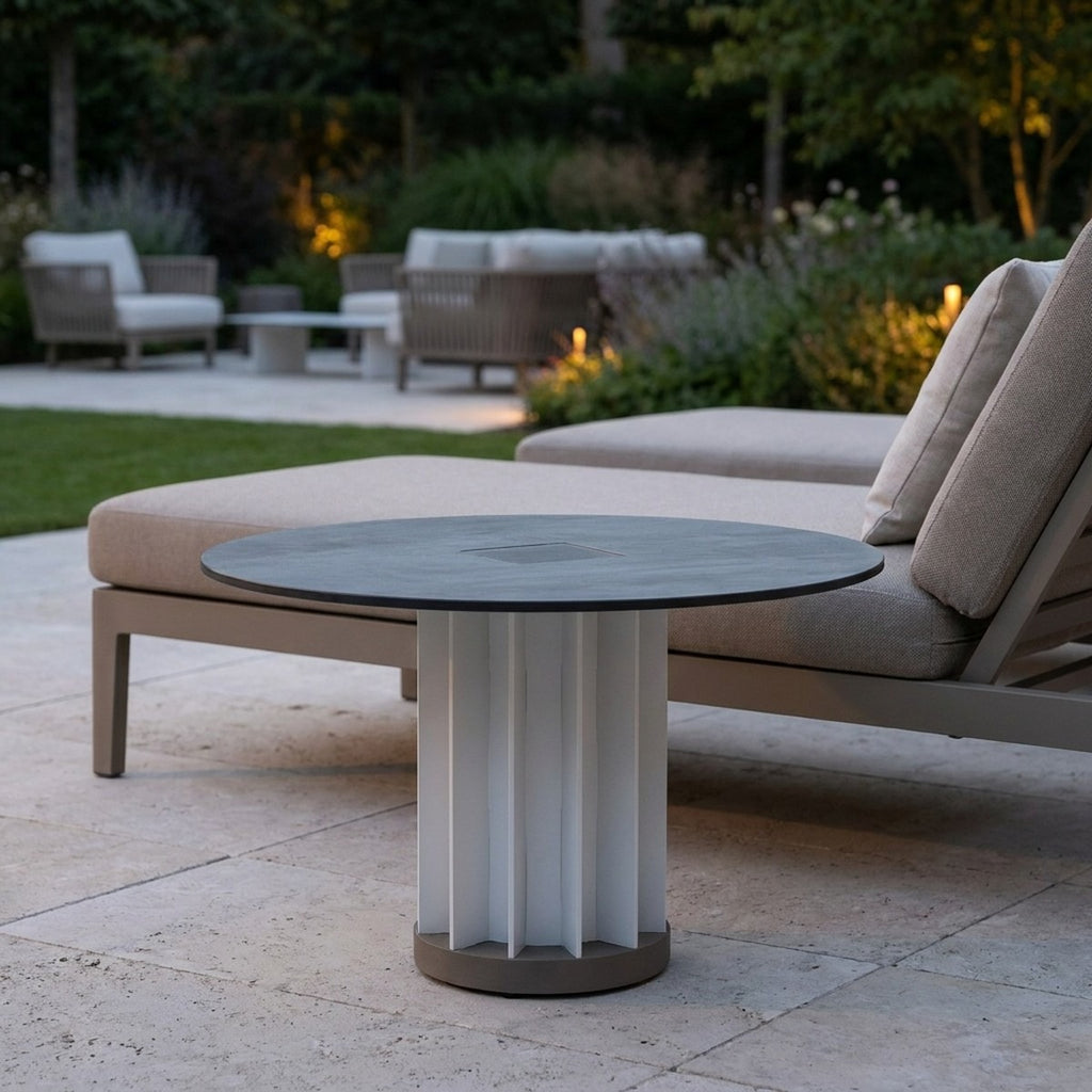 Teckalu 500lm Solar Low Table 70 cm - Duratek Teak Base, Slate HPL Top with Black Aluminium Slats