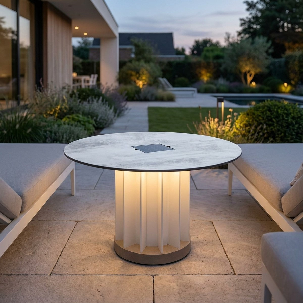 Teckalu 500lm Solar Low Table 70 cm - Duratek Teak Base, White Wash Concrete HPL Top with White Aluminium Slats