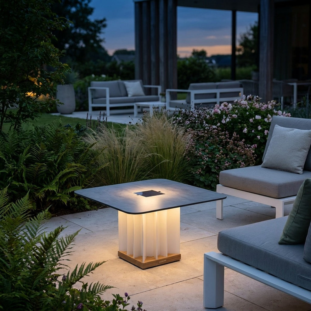Teckalu 500lm Solar Low Table 64 cm Square - Duratek Teak Base, Slate HPL Top with Black Aluminium Slats