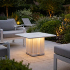 Teckalu 500lm Solar Low Table 64 cm Square - Duratek Teak Base, White Wash Concrete HPL Top with White Aluminium Slats