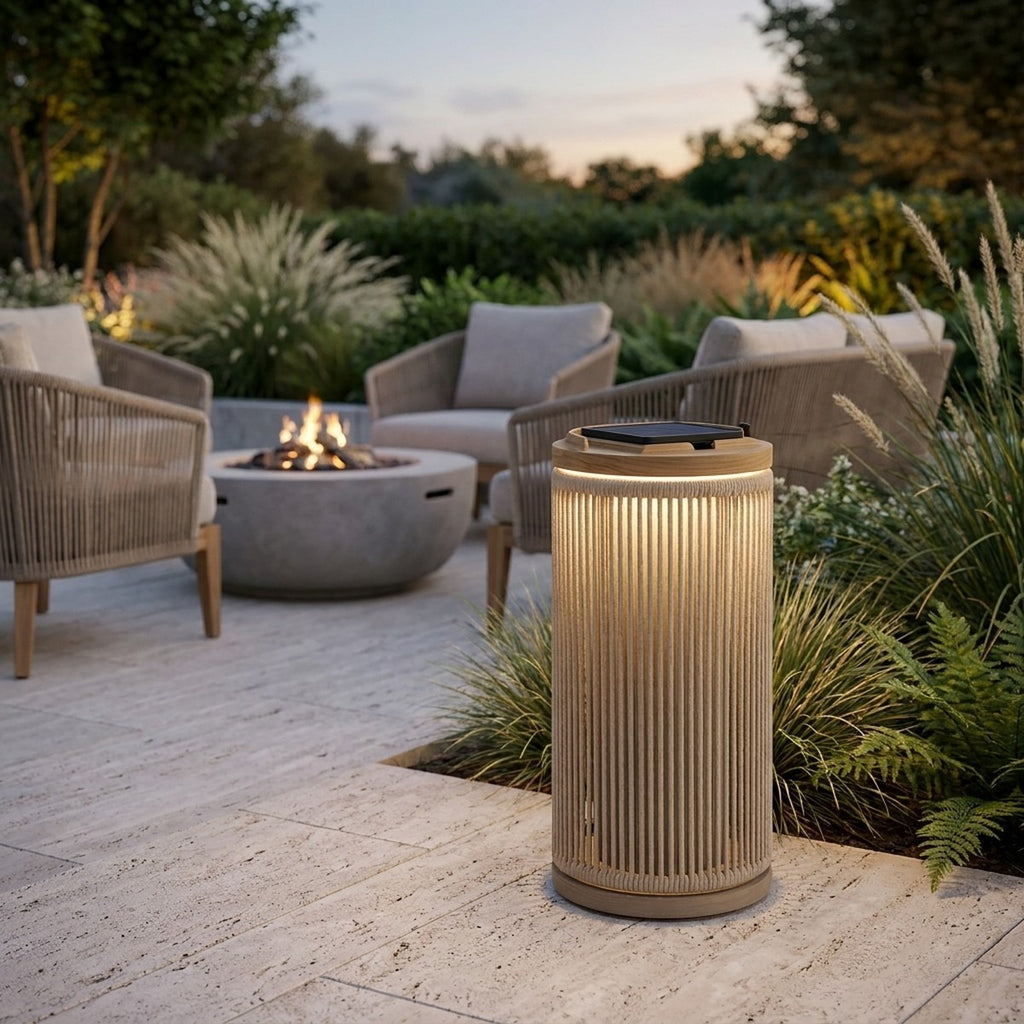 Rop and Strip 500lm Solar Lantern 40 cm - Teak Duratek, Muscade Aluminium and Beige Woven Rope