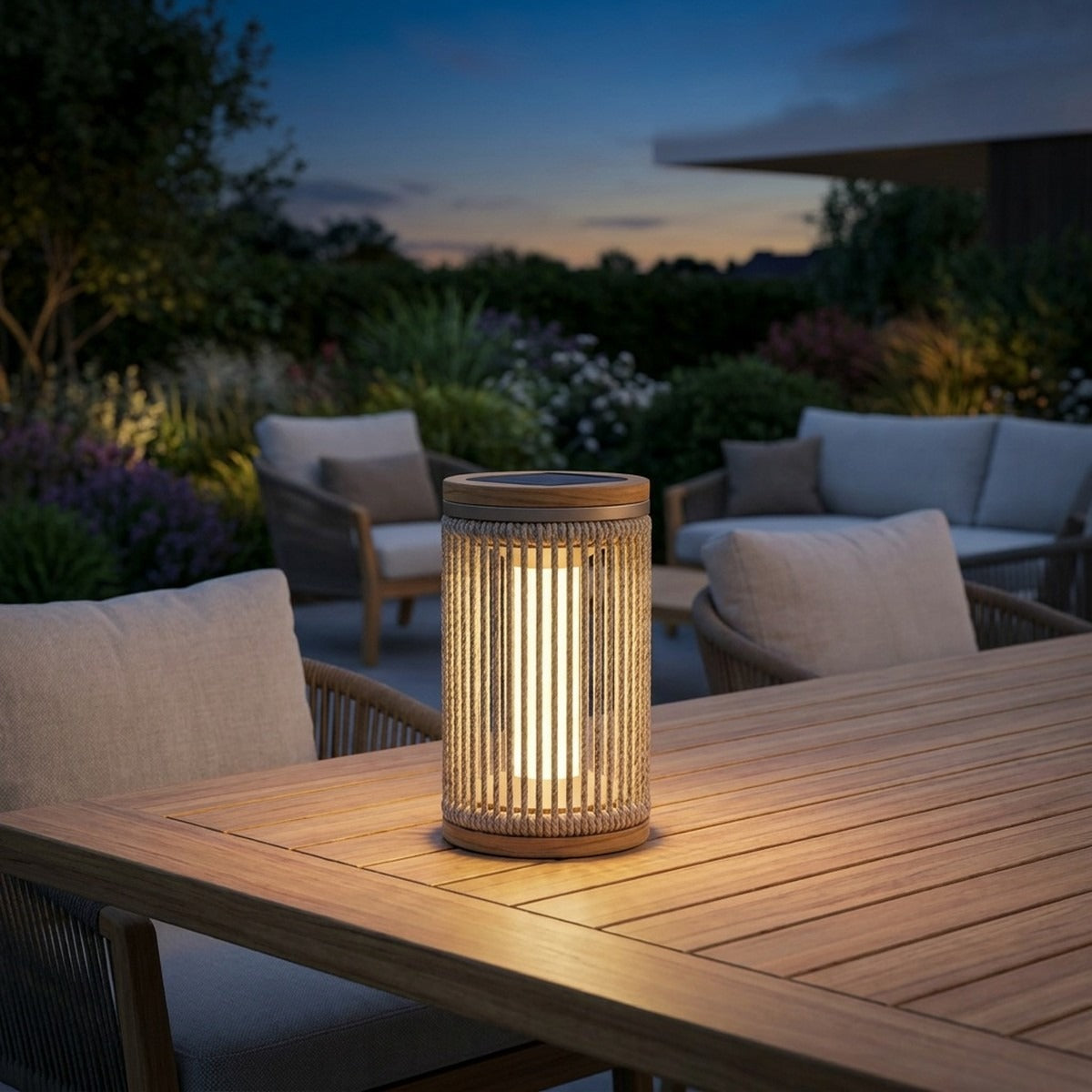 Rop and Strip 200lm Solar Table Lamp - Teak Duratek, Muscade Aluminium and Beige Woven Rope