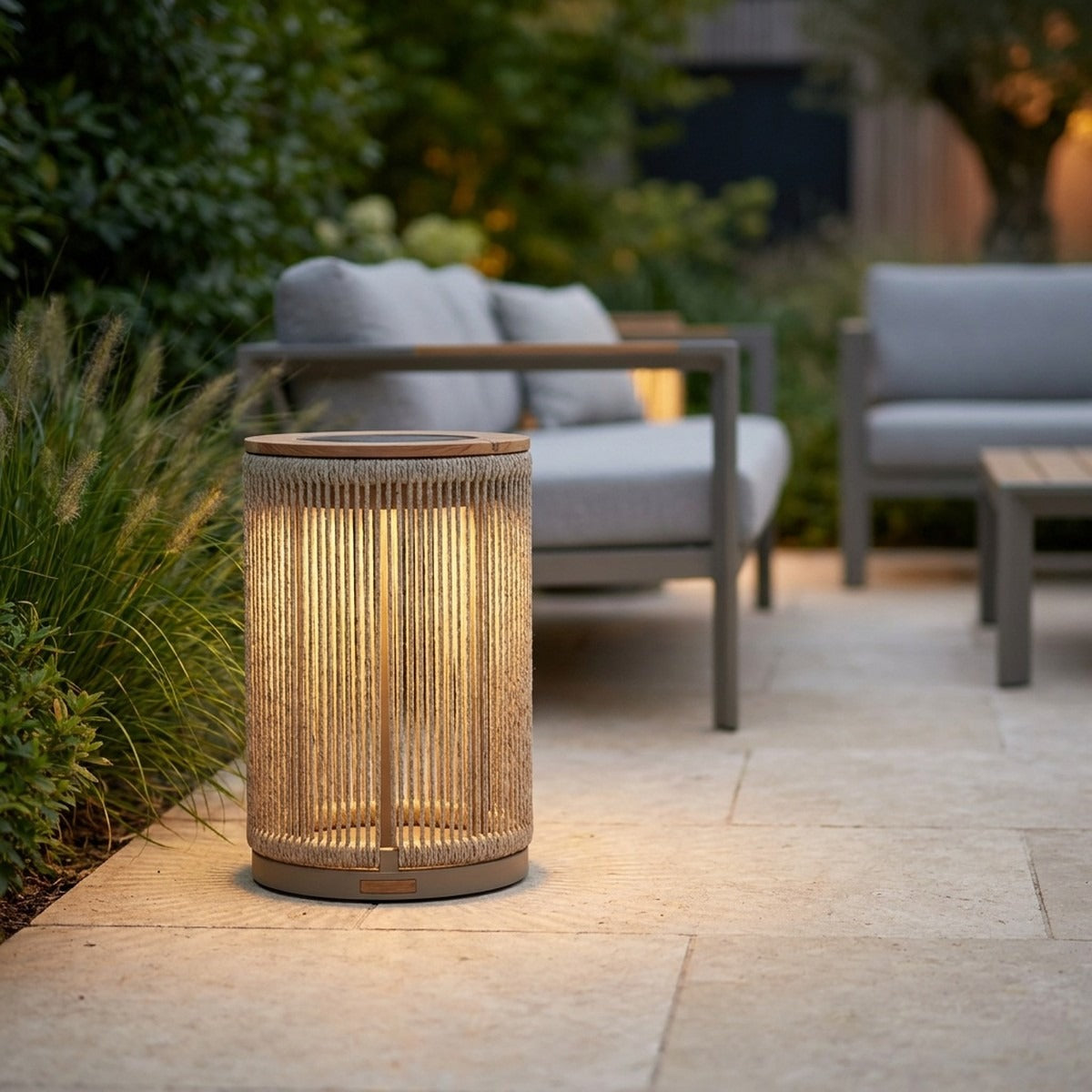Rop and Strip 500lm Solar Lantern 43 cm - Duratek Teak, Muscade Aluminium with Beige Rope, Granite Base