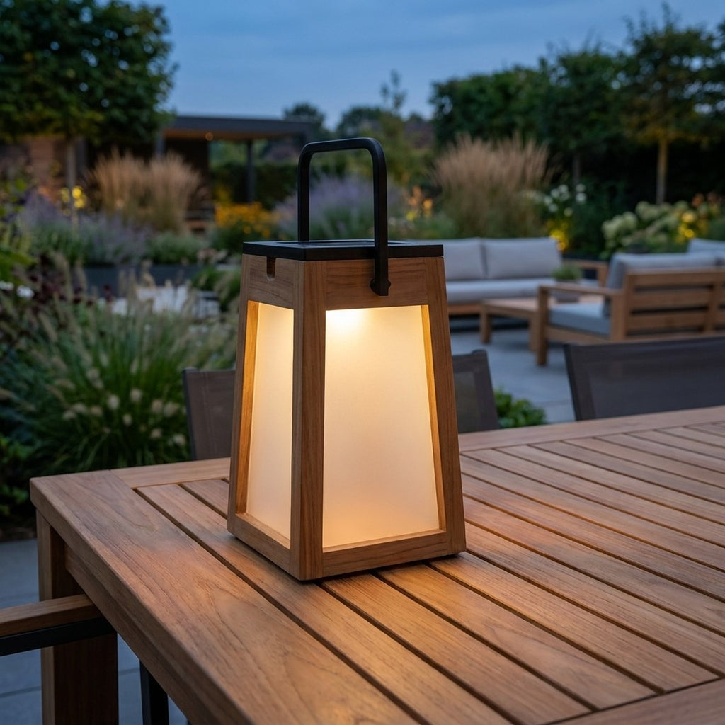 Tecka 300lm Solar Lantern 25 cm - Teak with Frosted Acrylic Glass and Black Aluminium Handle