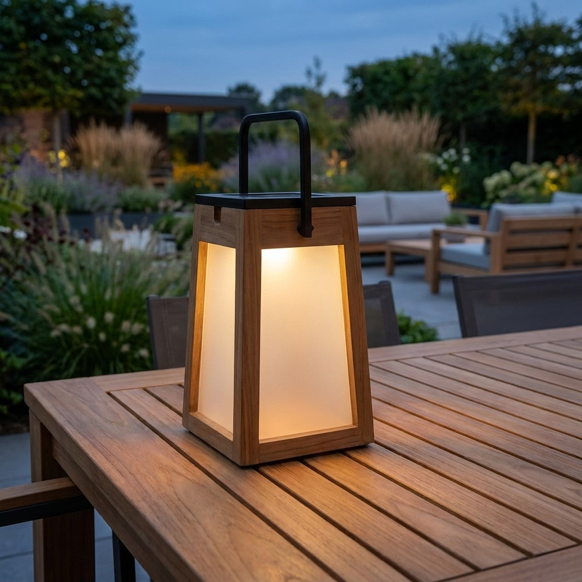 Tecka 300lm Solar Lantern 25 cm - Teak with Frosted Acrylic Glass and Black Aluminium Handle
