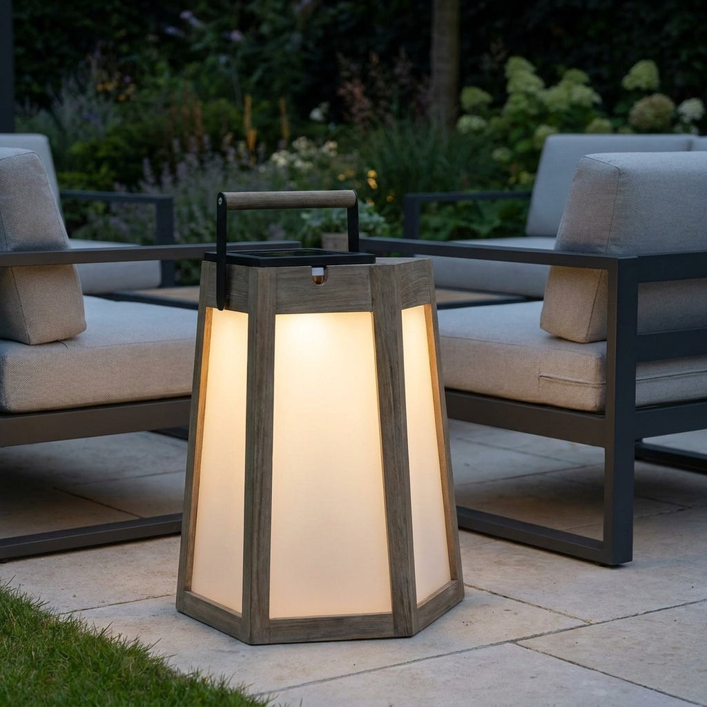 Tecka 500lm Solar Lantern 39 cm - Teak Duratek with Frosted Acrylic Glass and Black Aluminium Handle
