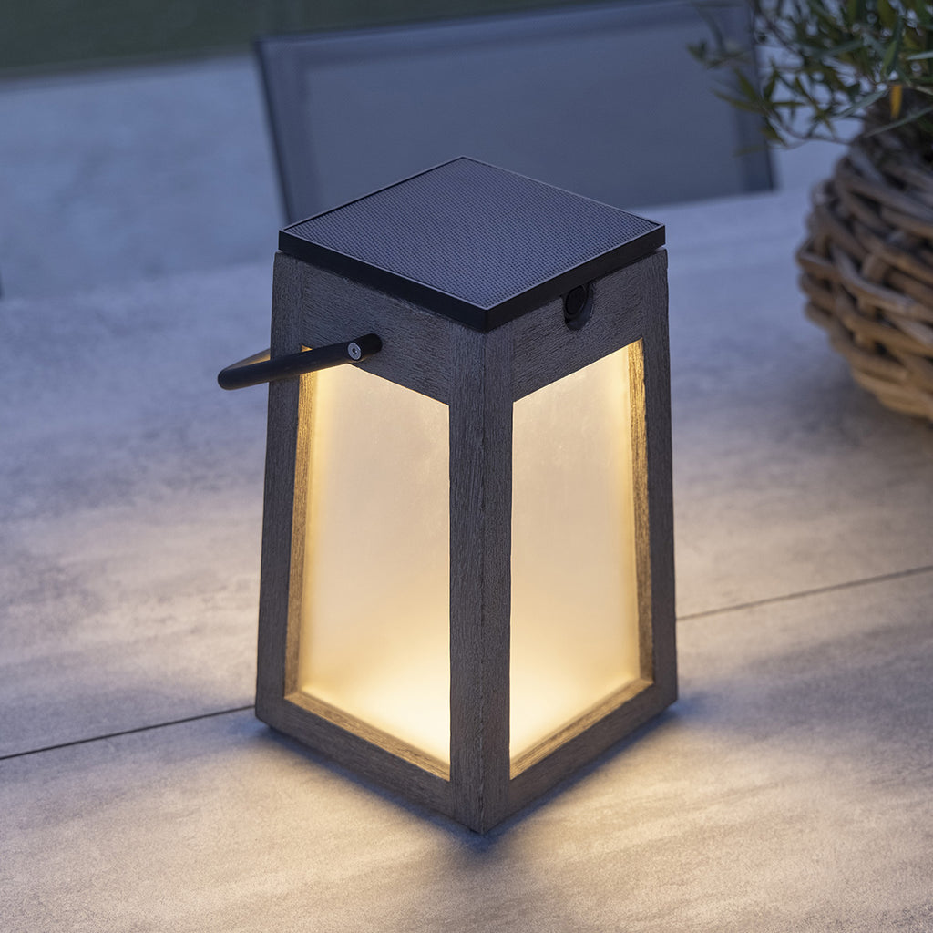Tecka 300lm Solar Lantern 25 cm - Teak Duratek with Frosted Acrylic Glass and Black Aluminium Handle