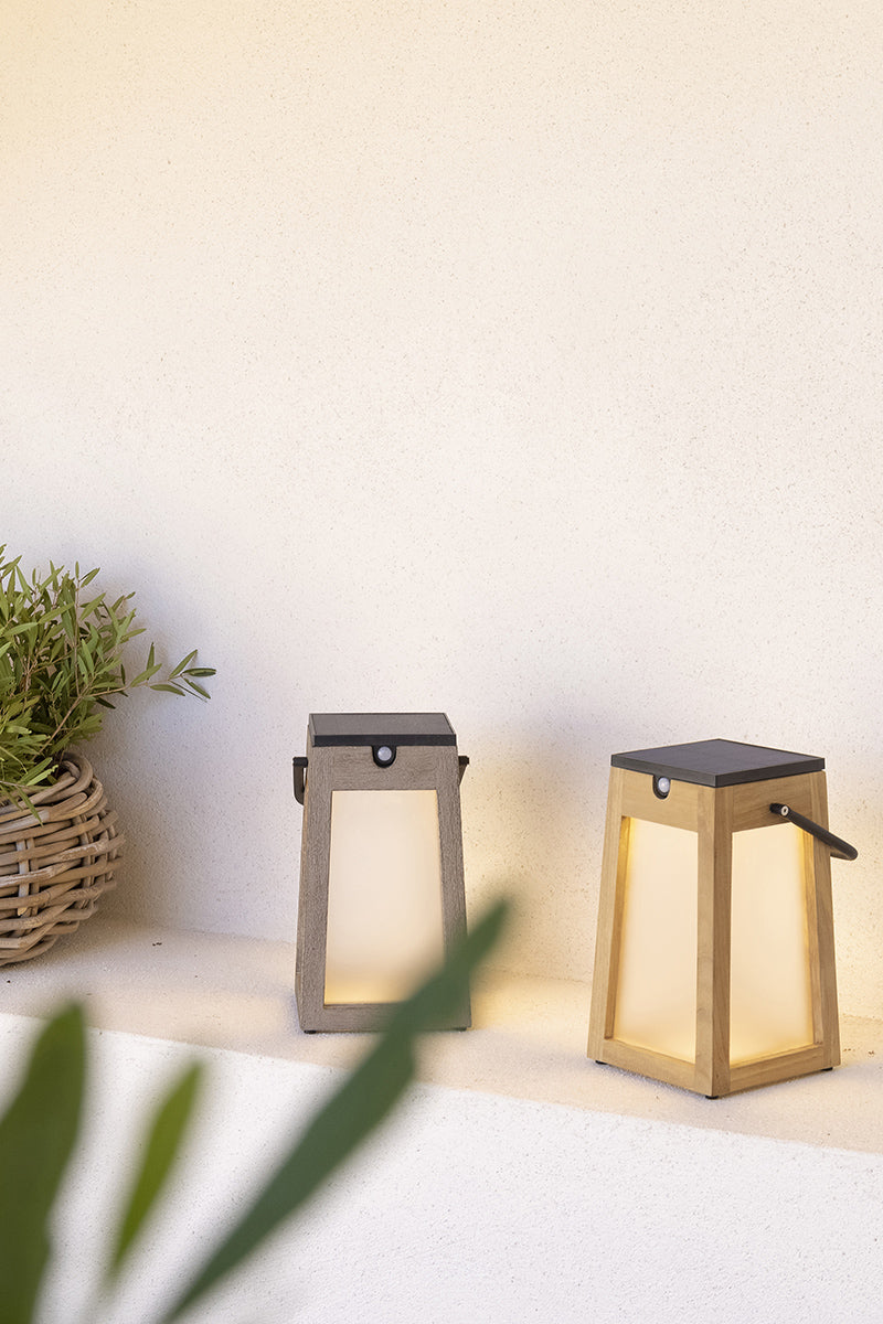 Tecka 300lm Solar Lantern 25 cm - Teak Duratek with Frosted Acrylic Glass and Black Aluminium Handle