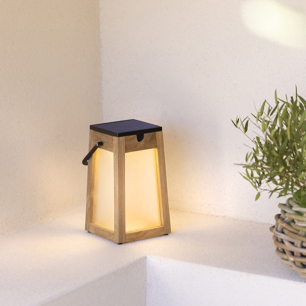 Tecka 300lm Solar Lantern 25 cm - Teak with Frosted Acrylic Glass and Black Aluminium Handle