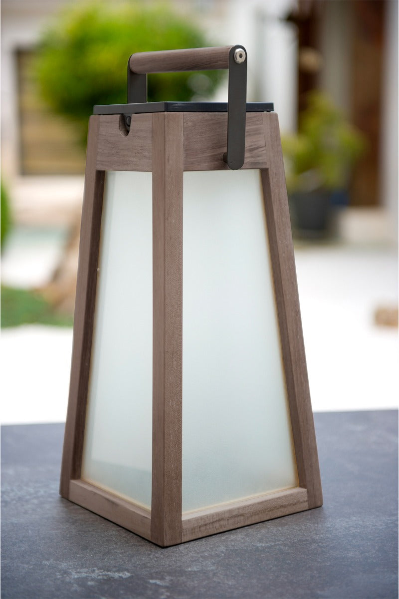 Tecka 500lm Solar Lantern 39 cm - Teak Duratek with Frosted Acrylic Glass and Black Aluminium Handle