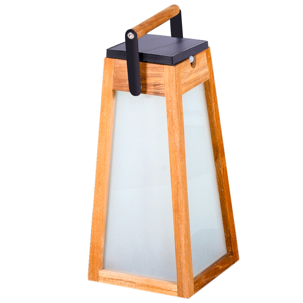 Tecka 500lm Solar Lantern 39 cm - Teak with Frosted Acrylic Glass and Black Aluminium Handle