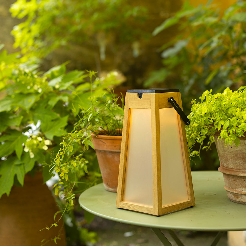 Tecka 500lm Solar Lantern 39 cm - Teak with Frosted Acrylic Glass and Black Aluminium Handle