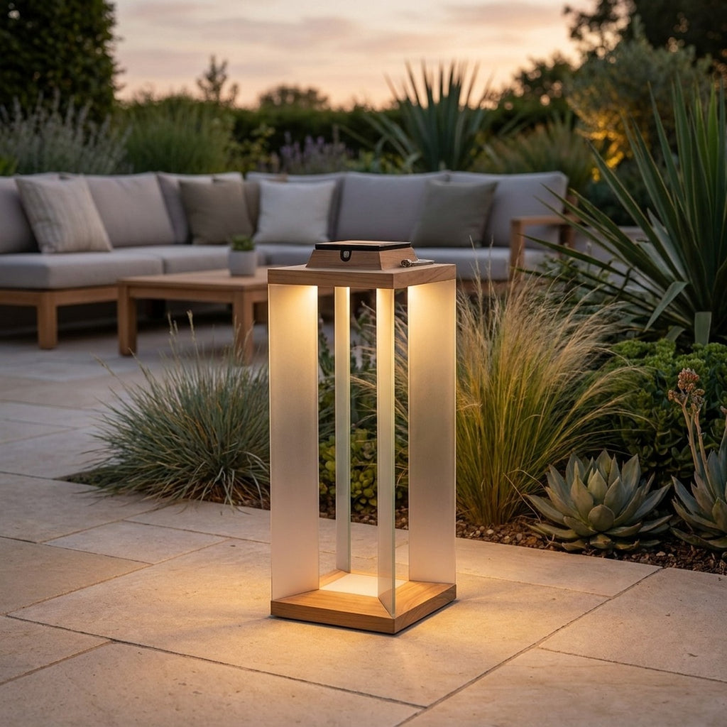Teckinox 500lm Solar Lantern Medium 45.5 cm - Teak with Stainless Steel Slats