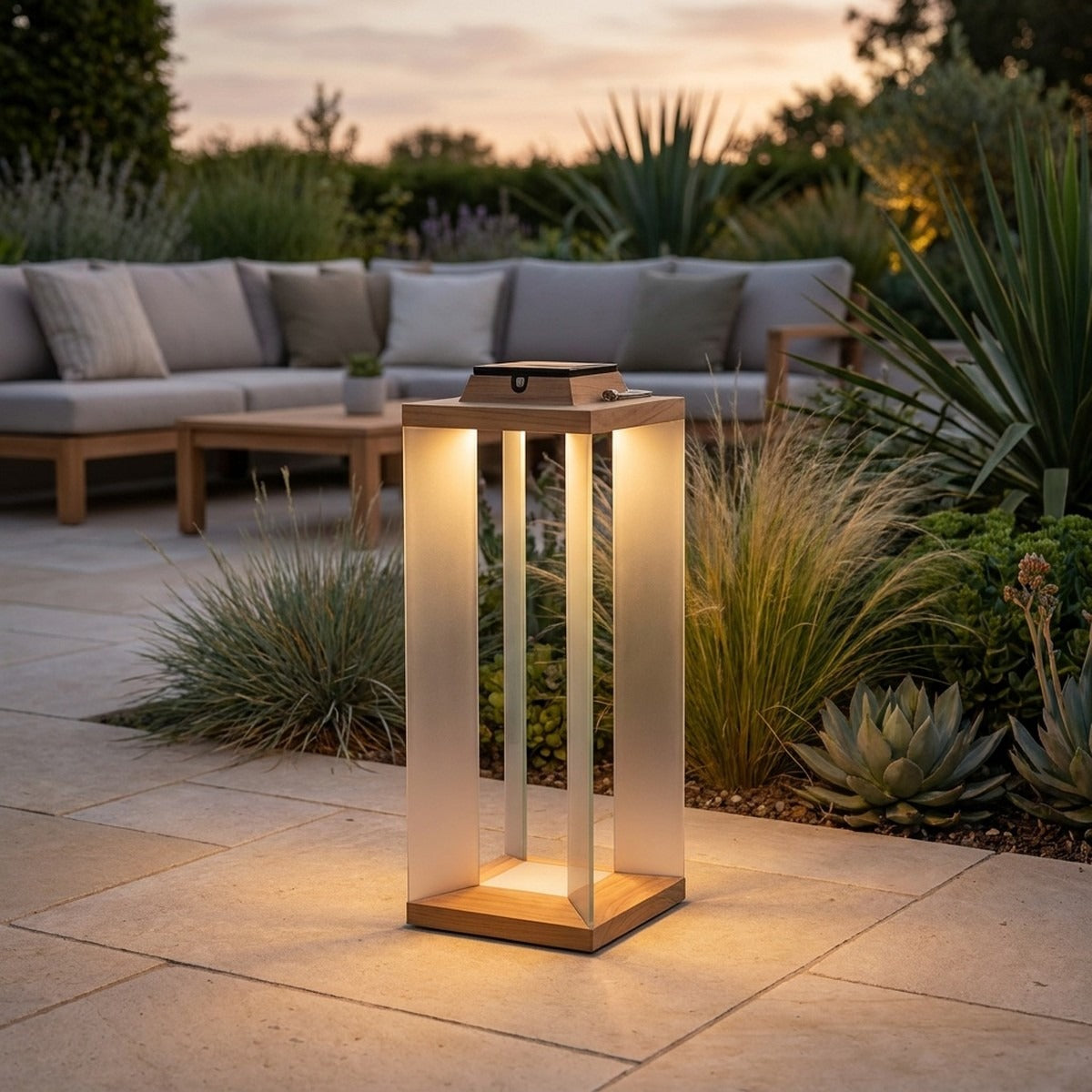 Teckinox 500lm Solar Lantern Medium 45.5 cm - Teak with Stainless Steel Slats