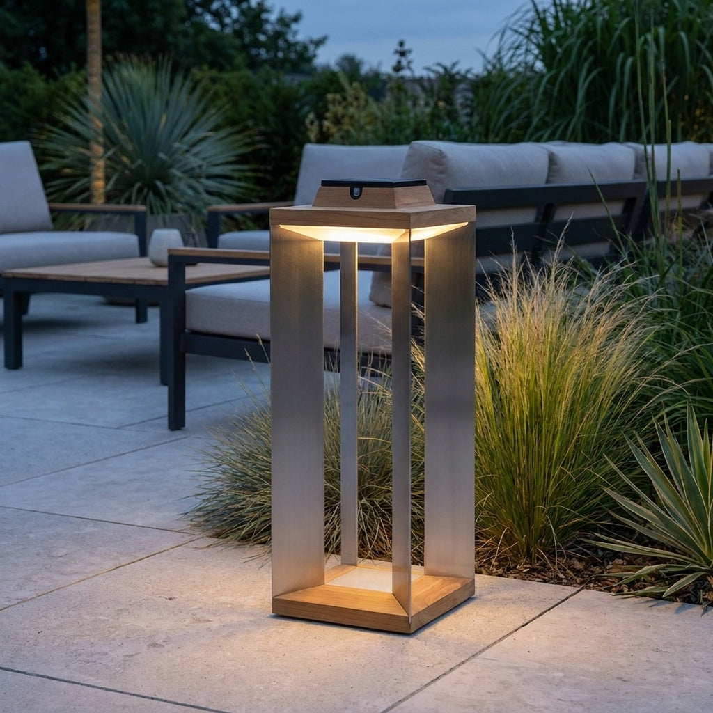 Teckinox 500lm Solar Lantern Large 65.5 cm - Teak with Stainless Steel Slats