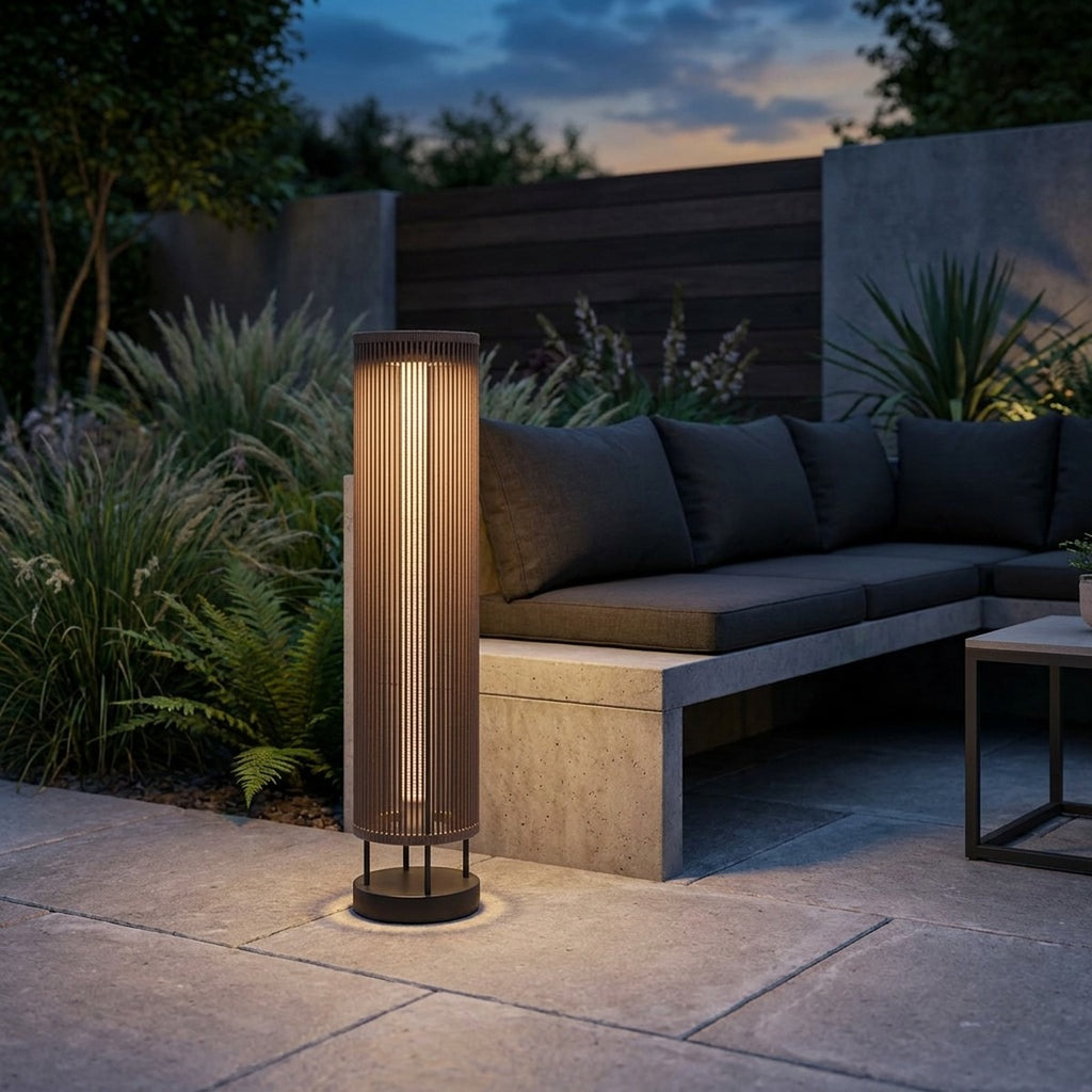 Rop and Strip 500lm Solar Lamppost 175 cm - Teak Duratek, Muscade Aluminium and Beige Woven Rope with Granite Base