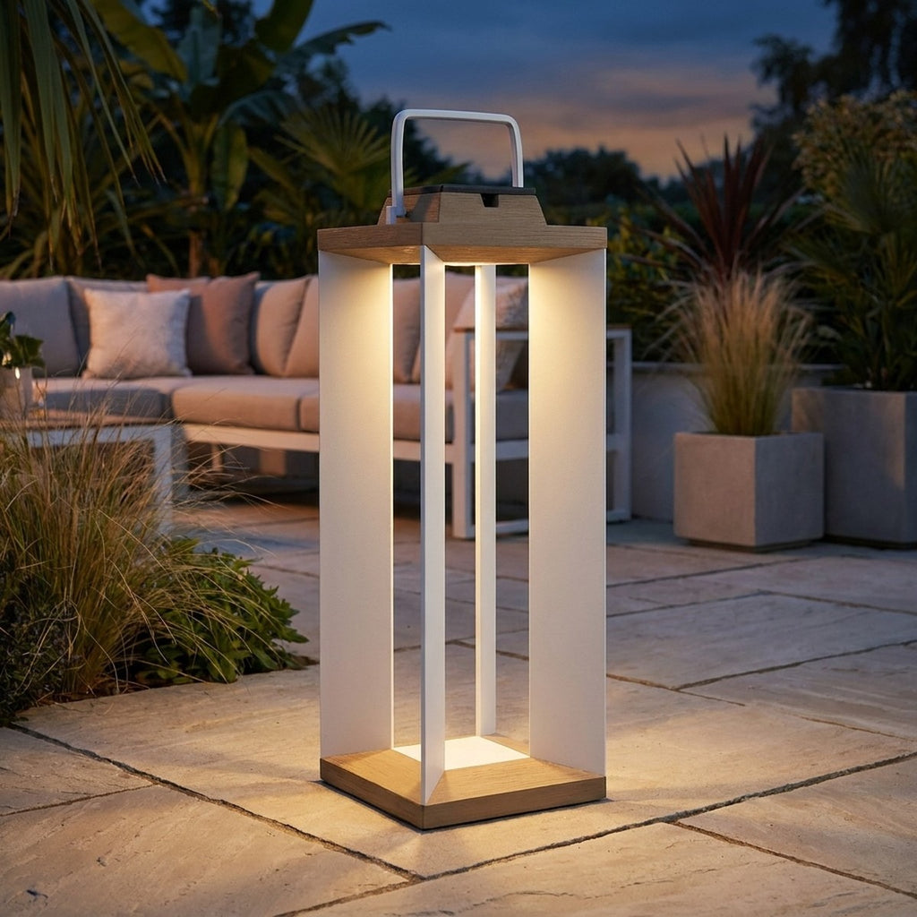 Teckalu 500lm Solar Lantern XL 90 cm - Duratek Teak with White Aluminium Slats