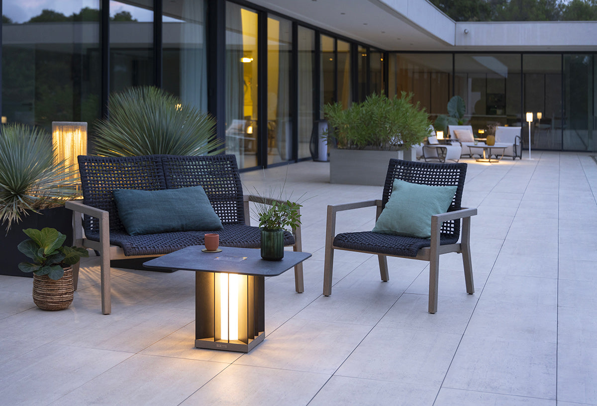 Teckalu 500lm Solar Low Table 64 cm Square - Duratek Teak Base, Slate HPL Top with Black Aluminium Slats