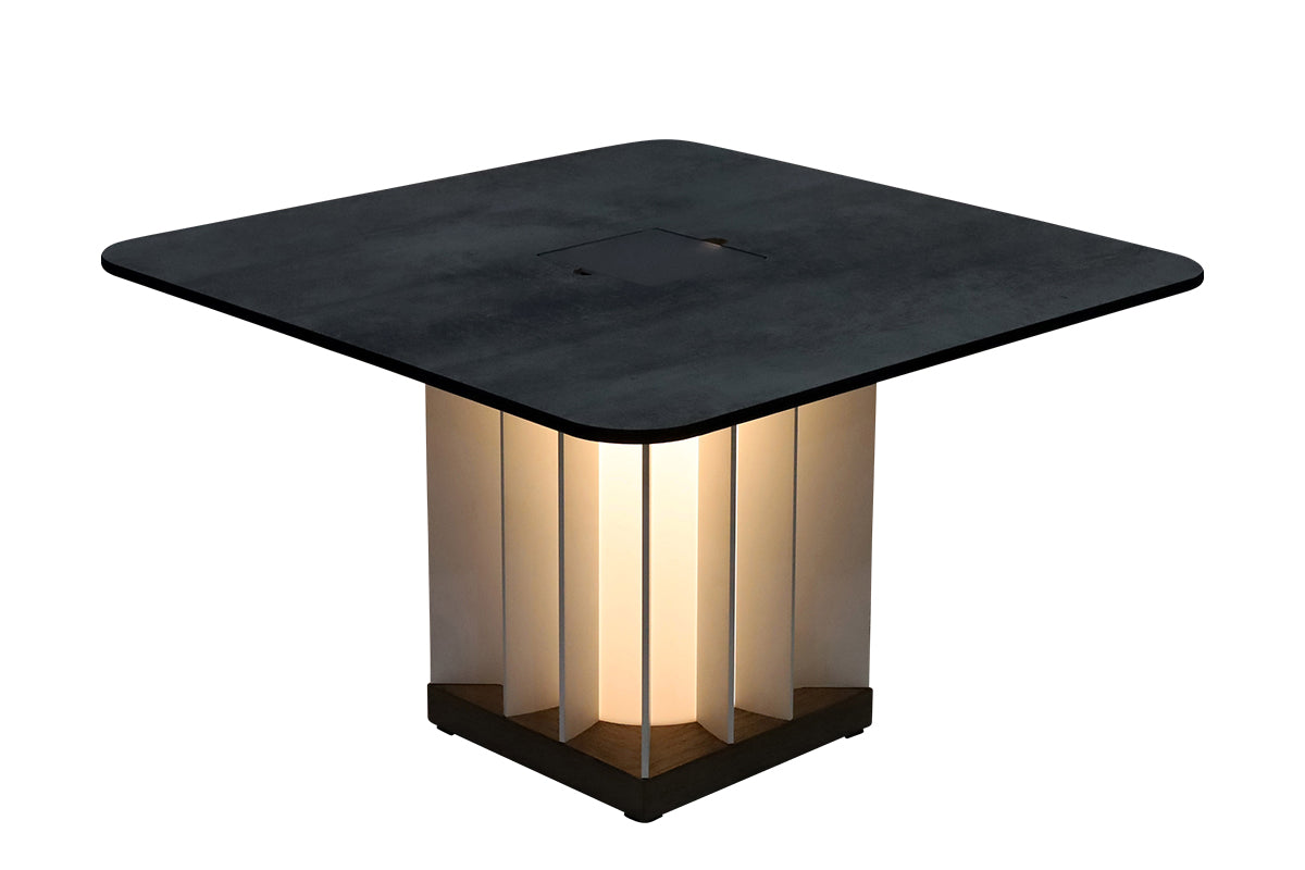 Teckalu 500lm Solar Low Table 64 cm Square - Duratek Teak Base, Slate HPL Top with Black Aluminium Slats