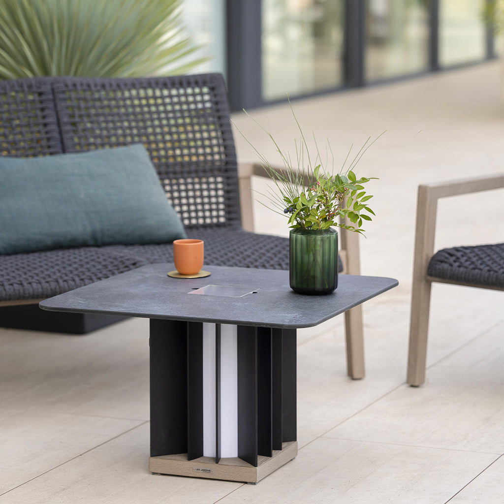 Teckalu 500lm Solar Low Table 64 cm Square - Duratek Teak Base, Slate HPL Top with Black Aluminium Slats